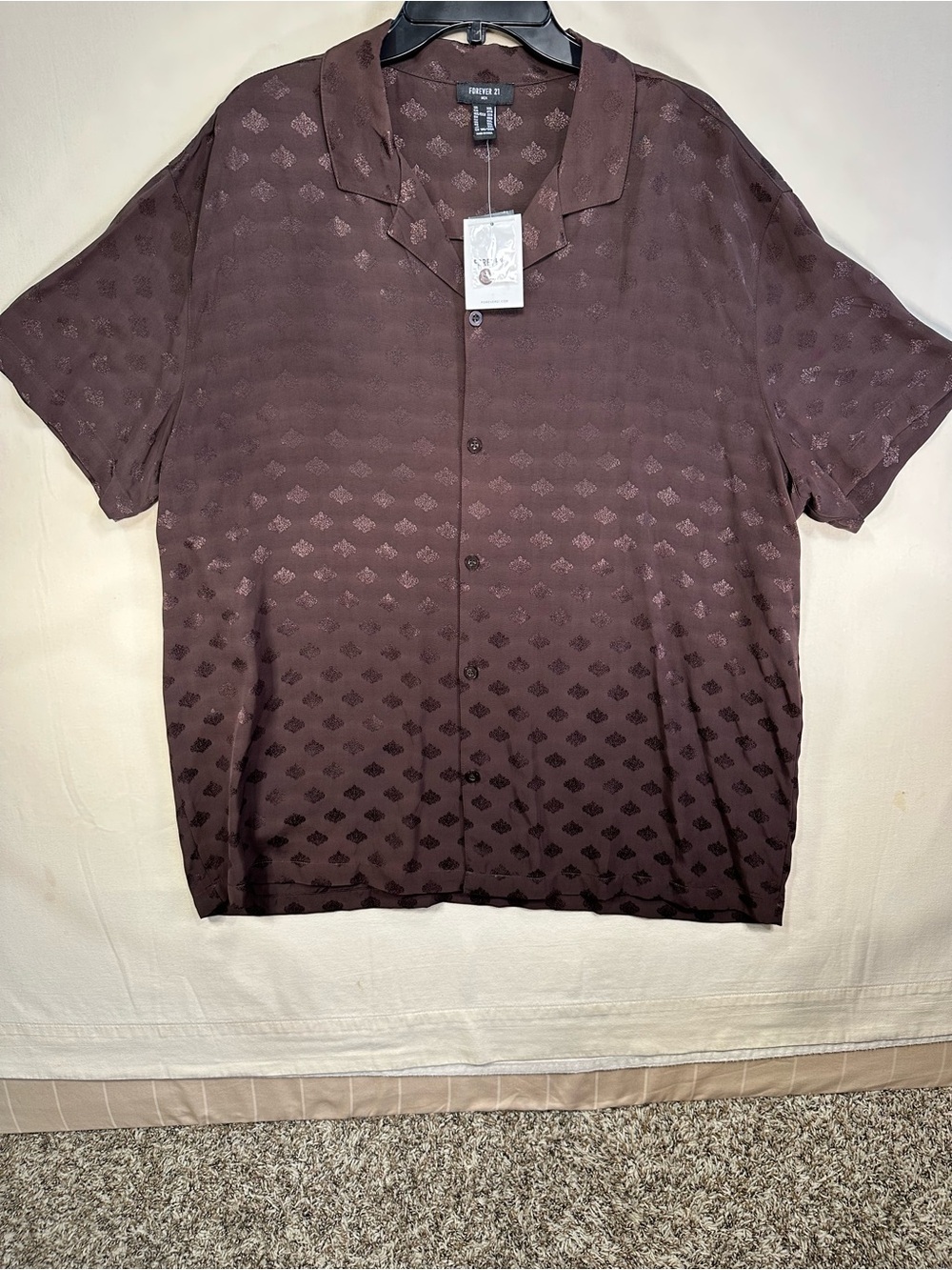Forever 21 Men Jacquard Baroque Camp Collar Shirt Cocoa Brown XXL NWT